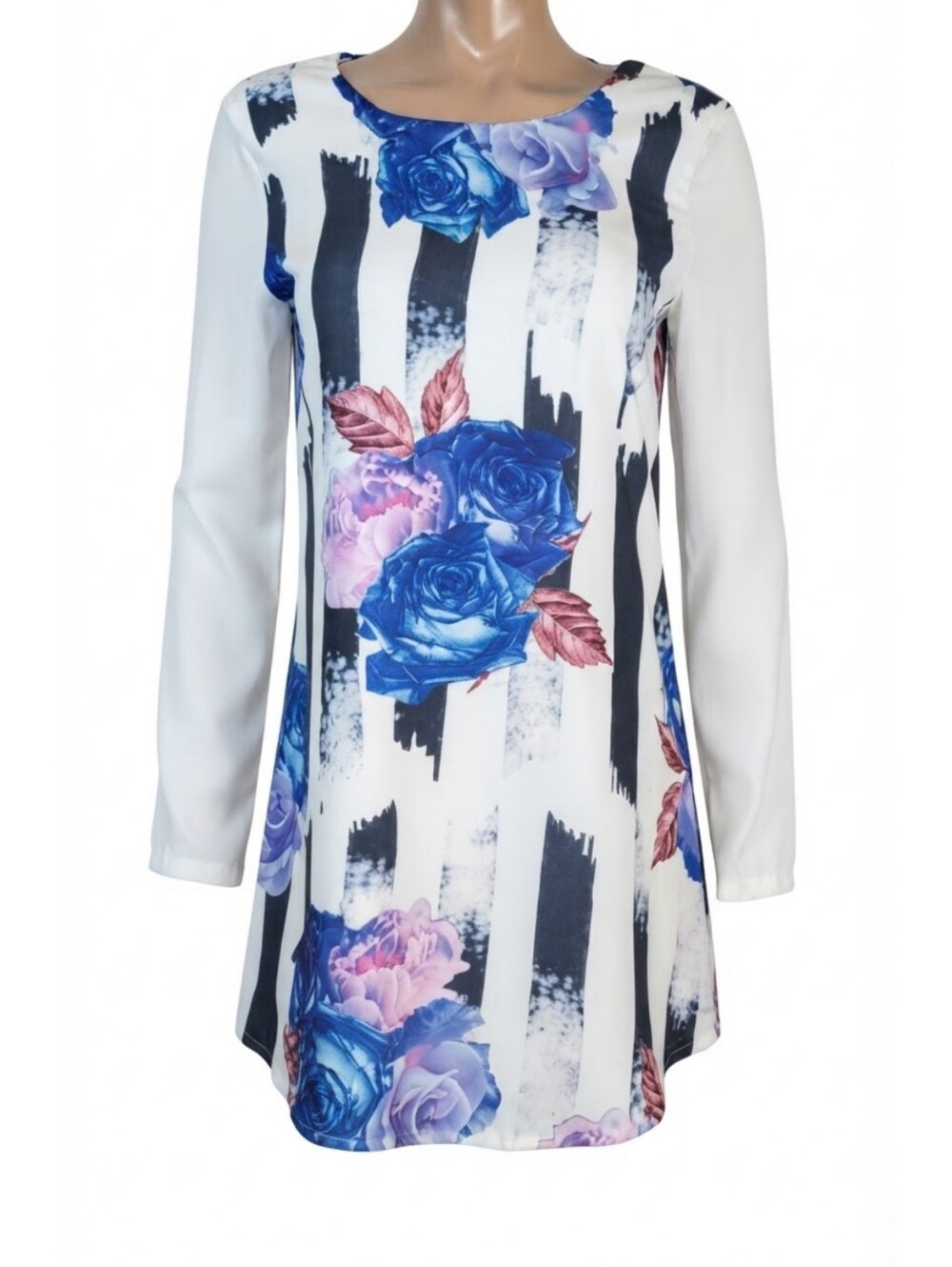 Paradisco Floral Striped Long Sleeve Mini Dress Size 10 White Blue Open Back